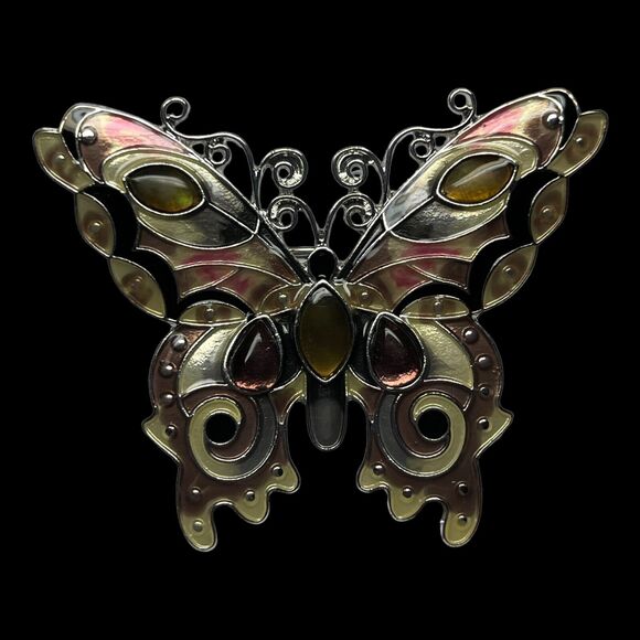 Zarah Amethyst and Mother of Pearl Butterfly Brooch Silver Plated Cloisonne Pin - Picture 4 of 5